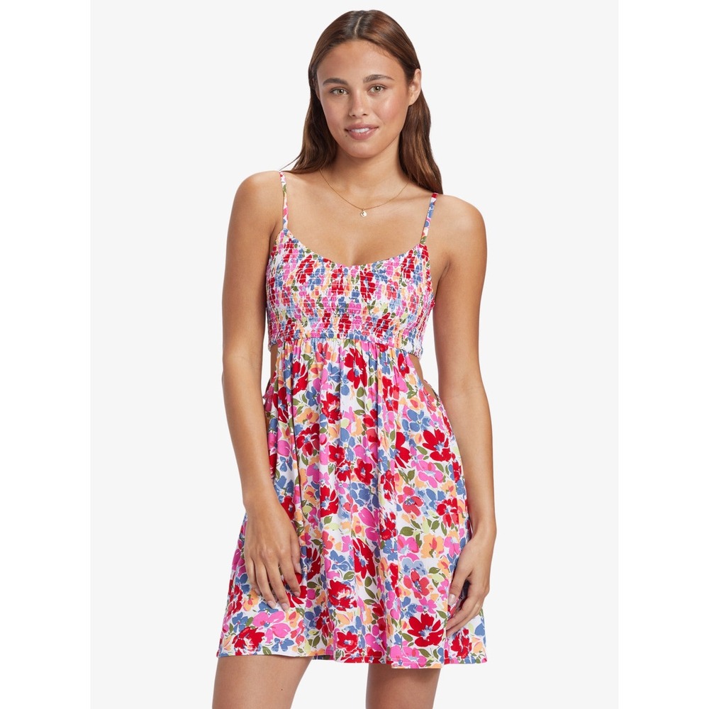 Roxy Hot Tropics Mini Dress Womens XS Pink Floral Smocked Cut Out Sundress EUC